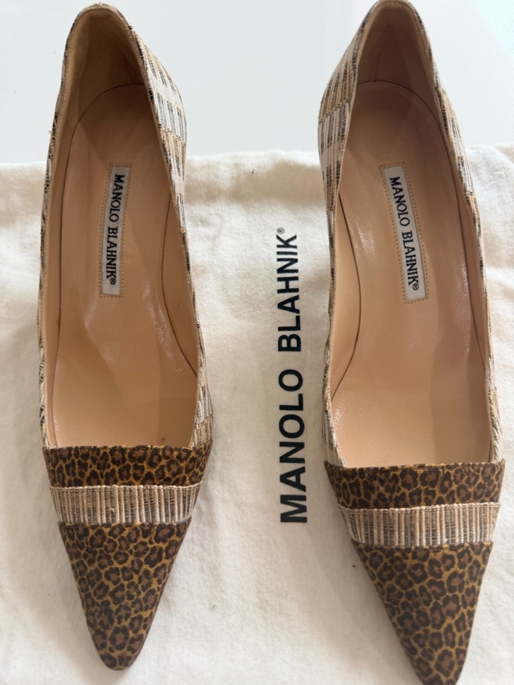 Manolo Blahnik Leopard-Print Pointed Toe Pumps in Brown and Tan
